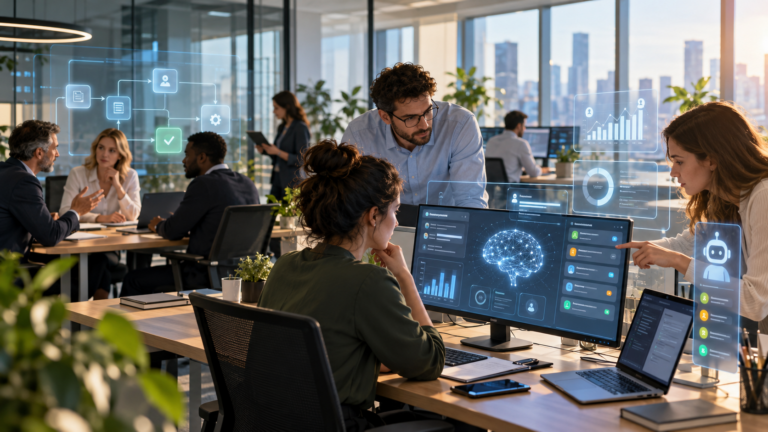 Team in ufficio mentre utilizza strumenti di intelligenza artificiale per analizzare dati, organizzare attività e supportare le decisioni operative
